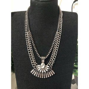 JJ Silver Tone Layered Multi Strand Floral Fan Necklace
